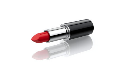 Obraz premium Open lipstick tube with a vibrant fire engine red shade on white background, elegant cosmetic product symbolizing beauty, glamour, makeup, fashion, femininity, and professional cosmetic branding
