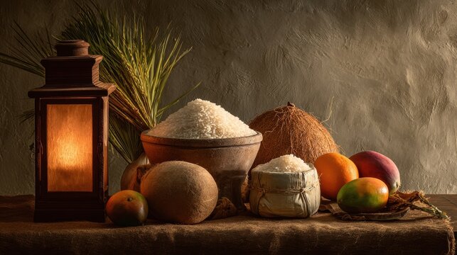 Rustic display of tropical harvest with rice, coconuts, mangos, lantern, and palm leaves,Kut