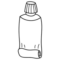 Black and white doodle illustration of a squeezed tube with a cap isolated on white background. Minimalist and handdrawn. Perfect for hygiene, cosmetic, toothpaste, cream, ointment packaging concepts