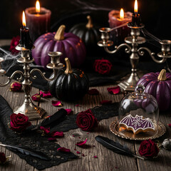 Elegant dark Halloween still life with black and purple pumpkins, red roses, silver candelabras and a bat cookie under a glass dome. Vintage gothic mood with candlelight and cobwebs.