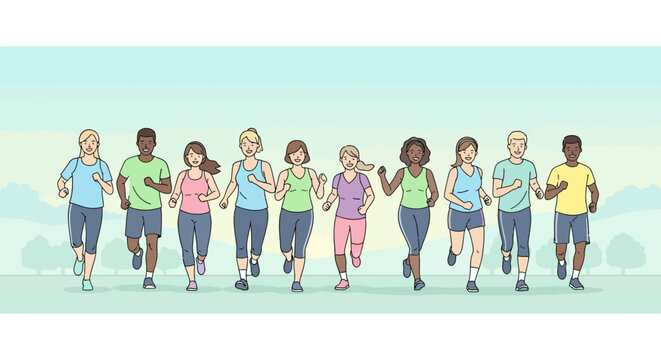 Diverse group of people running together for fitness and health.