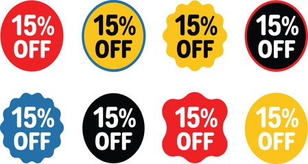 Dynamic 15% Off Sale Badges and Stickers for Retail Promotions and Special Offers