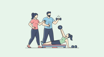 Personal trainer assisting a woman with dumbbell chest press exercise.