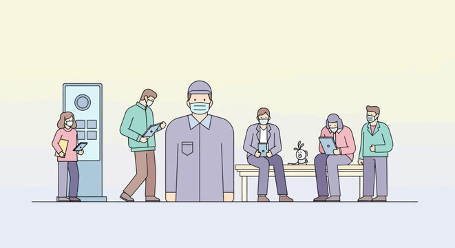 People in a waiting room with one person wearing a face mask. - Powered by Adobe