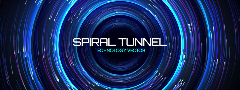 Tech line whirlpool with spiral circular radial background and circle pattern sketch. Spin whirl fractal with music modern frame abstract and neon speed design. Swirl concept geometry with technology