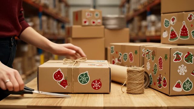 Warehouse Fulfillment of Christmas Holiday Gifts with Custom Stickers and Personal Touches for Mailing and Shipping