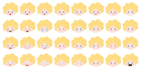 set of Angelic child emoticon pack featuring a wide range of emotions and curly blonde hair. emoticon avatar sad, happy, smile, smirk