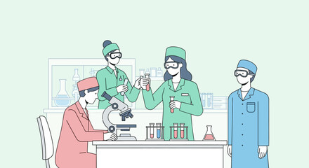 Scientists in lab coats conducting experiments with test tubes and microscope.