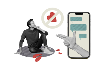 Composite photo collage of minded man watch forbidden sign broke heart quarrel iphone screen correspondence isolated on painted background