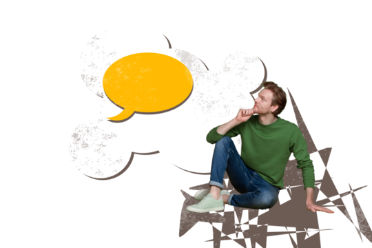 Composite artwork photo collage template sketch of young man sit think mind dream imagination empty speech cloud bubble abstract space - Powered by Adobe