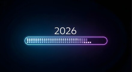 A glowing progress bar with the year 2026 above it on a dark blue and purple gradient background