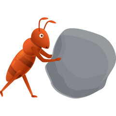 Orange Ant Pushing A Large Grey Boulder On A White Transparent Background