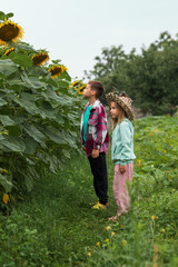 A boy in a plaid shirt and a girl in a straw hat are looking at sunflowers growing in the garden.