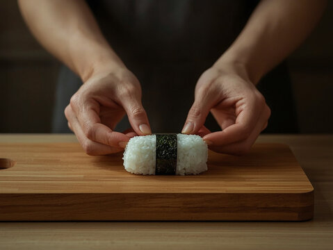 Hands presenting a neatly rolled sushi on wooden board, focus on rice texture and seaweed detail, soft diffused light creating calm tone, minimalist composition symbolizing precision,