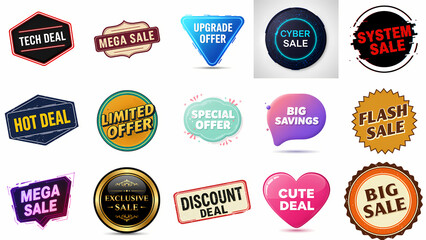 A vibrant collection of promotional sale badges and discount sticker labels for e-commerce and retail marketing campaigns
