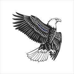 detailed intricate black and white vector illustration of a majestic soaring eagle with outstretched wings,dynamic wing motion,photorealistic,hyper detailed,highly detailed texture,highly detailed fea
