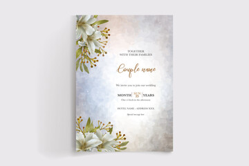 WEDDING INVITATION FRAME WITH FLOWER DECORATIONS AND FRESH LEAVES
