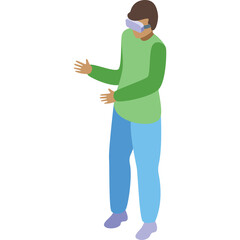 Person Wearing Virtual Reality Headset Gesturing With Both Hands In A Light Green Long Sleeve Shirt And Blue Pants With A White Background