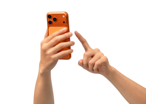 Hands using a new cosmic orange smartphone, isolated on a transparent PNG.