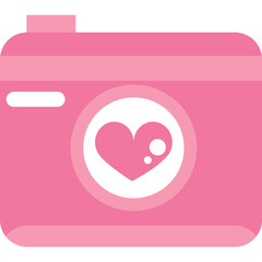 Pink digital camera icon with a white heart shape in the lens on a transparent background, simple flat design, photography symbol, love captured concept