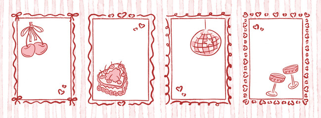 Bachelorette doodle whimsical coquette frames. Bow ribbon cherry and heart cake, champagne glasses or disco ball for wedding, birthday party and Valentines day card. Hand drawn vector illustration