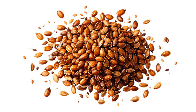 Detailed close-up of brown, textured seeds scattered isolated on solid white background in Png