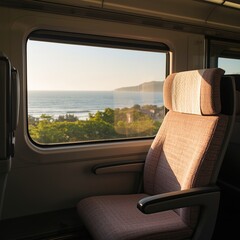 Fototapeta premium View from a Train Seat Looking Out at the Ocean on a Sunny Day