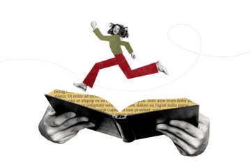 Composite photo collage of happy girl run hurry open book page student exam preparation bookworm hobby isolated on painted background