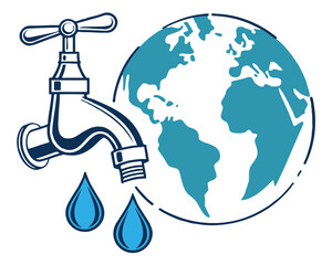 Illustration of water conservation concept with earth globe and water tap, , representing sustainable water usage and environmental responsibility for future generations