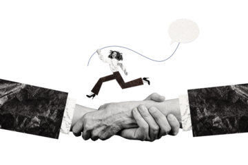 Composite photo collage of hand shake gesture agreement deal run businesswoman late meeting success contract isolated on painted background