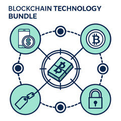 Vector art of blockchain technology bundle illustration showcasing a comprehensive suite of digital solutions, emphasizing security, connectivity, and decentralized financial systems