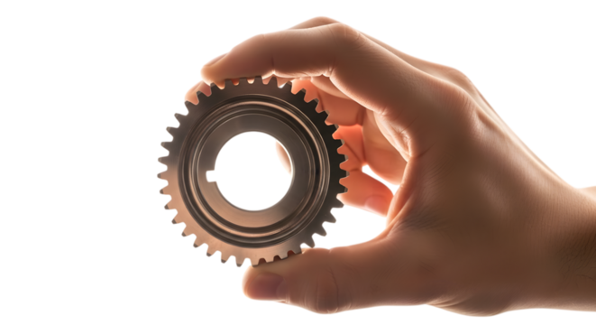 A hand holding a metal gear with a black background in soft lighting on white background