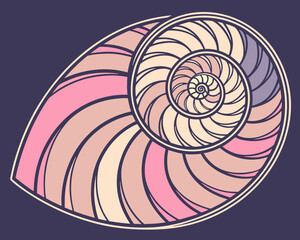Obraz premium Vector art of elegant nautilus shell illustration with a spiral design featuring pastel pink, cream, and lavender segments against a dark blue background, showcasing a geometric pattern