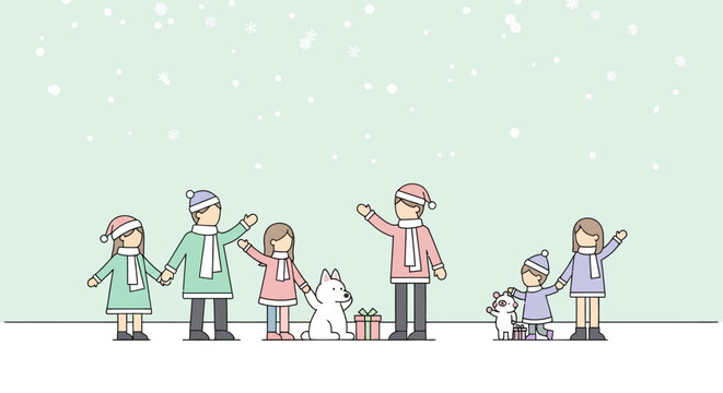 Children and adults enjoying a snowy winter day with gifts and pets.