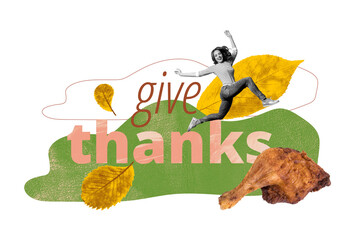 Composite photo collage of happy girl fly thanksgiving day celebration dry leaves grilled turkey cuisine isolated on painted background