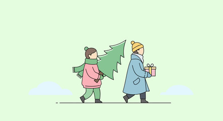 Fototapeta premium Two children carrying a Christmas tree and a gift.