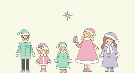 Fototapeta premium Children in Winter Attire Gazing at a Star, Festive Illustration.