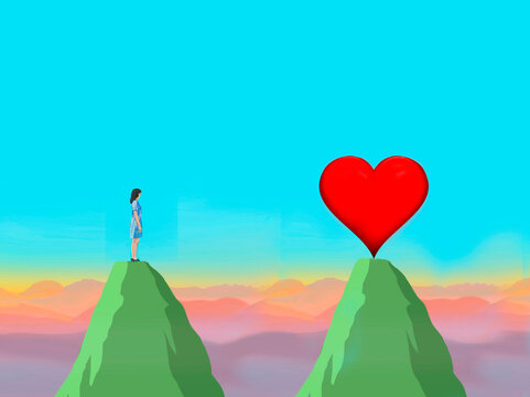 Woman standing on mountain looking at heart on distant peak