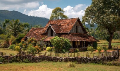 Rustic House Amidst Lush Greenery and Rolling Hills.