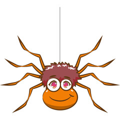Orange Cartoon Spider with Pink Eyes and Brown Fur Hanging by a Thin Grey Thread on Transparent Background