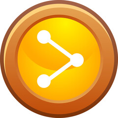 Orange circular icon with a white network diagram inside on a transparent background symbolizing connection and data sharing with glossy finish and golden rim.