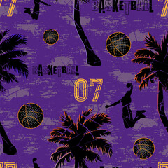 Seamless basketball grunge pattern with palm trees and energetic sport silhouettes in urban streetwear style. Ideal for fashion prints, textiles, backgrounds and athletic merchandise.