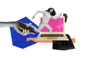 Composite art 3d creative image collage of happy girl it-specialist run laptop hand hold phone gadget technology addiction