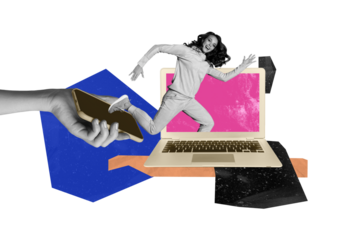 Composite art 3d creative image collage of happy girl it-specialist run laptop hand hold phone gadget technology addiction