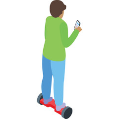 Person rides a red hoverboard wearing a green shirt and blue pants while looking at a phone with a white background