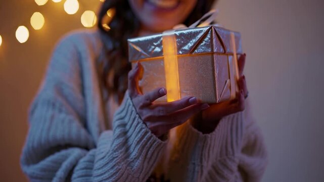A woman smiles brightly while holding a beautifully wrapped gift box that glows softly. The warm setting is filled with twinkling lights and a festive atmosphere, enhancing the joy of the moment