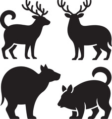 Collection of Winter Animals in Snow Deer, Fox, Rabbit, and Bear Silhouettes