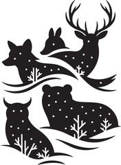 Collection of Winter Animals in Snow Deer, Fox, Rabbit, and Bear Silhouettes
