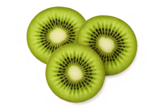 Three fresh kiwi fruit slices arranging together. Healthy, natural, and juicy fruit. Transparent background