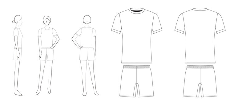女子サッカーユニフォームのテンプレート（ショート丈パンツ・前・後・横・平面図）Women's Soccer Uniform Template &ndash; Short Pants, Front, Back, Side & Flat Views

